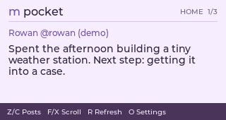 M-Pocket home feed in light purple, showing a demo post