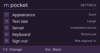 The settings screen in the dark theme